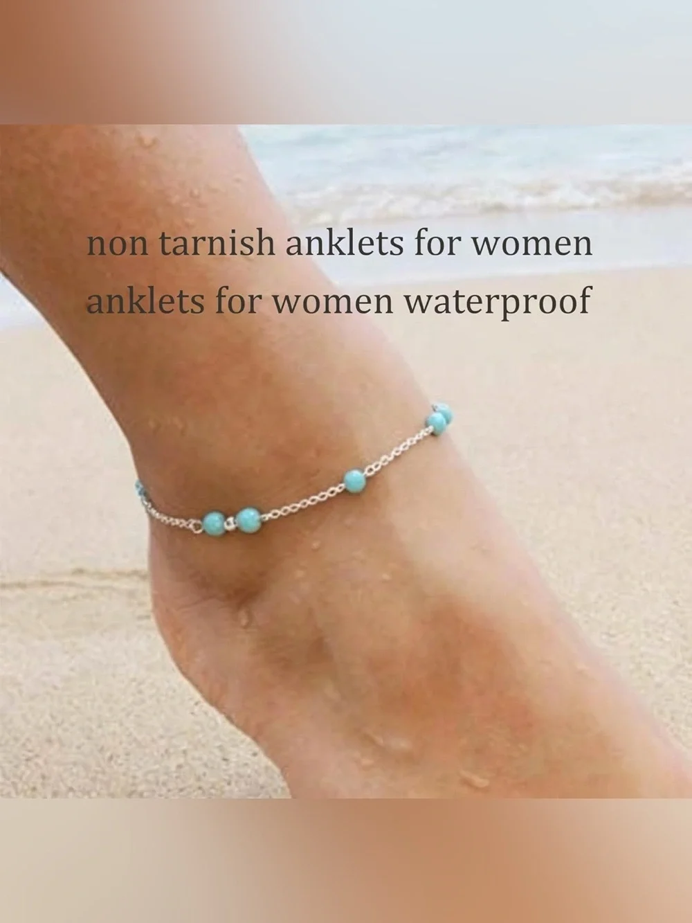 Turquoise Beaded Silver Anklet Waterproof Boho Non Tarnish Ankle Bracelet